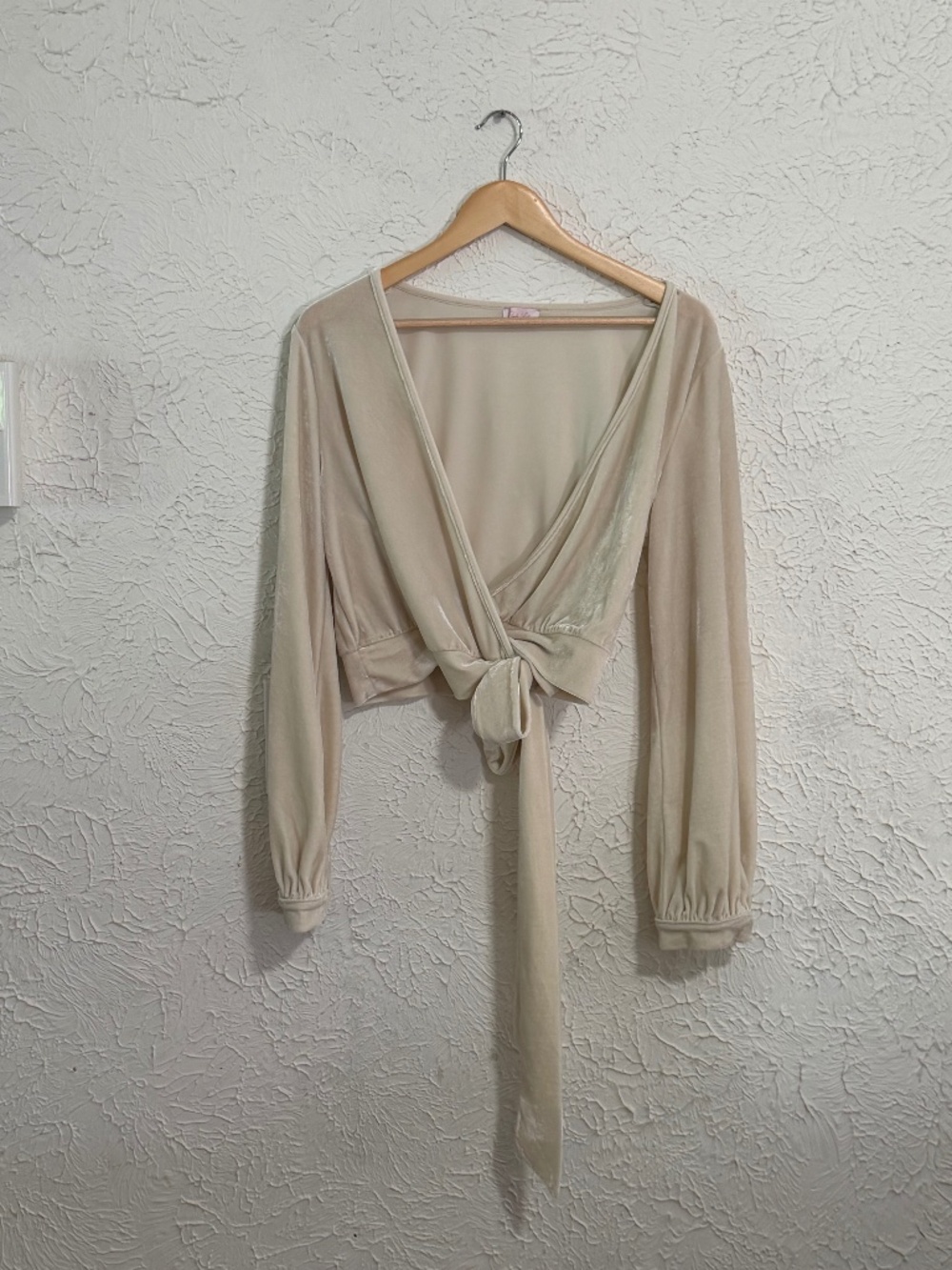 Pink Lily Women’s Cream Velvet Wrap Tie Long Sleeve Top
